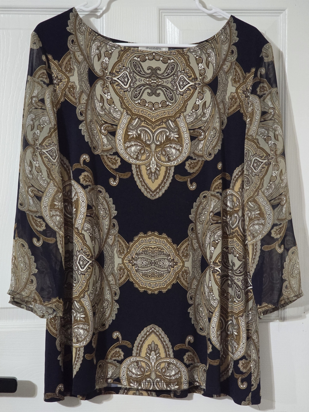 Dress Barn Navy and Gold Paisley Chiffon Tunic Blouse